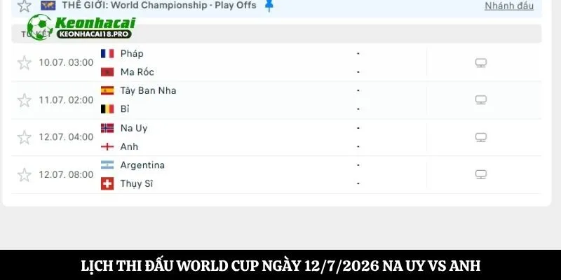 Lịch thi đấu world cup ngày 12/7/2026 Na Uy vs Anh